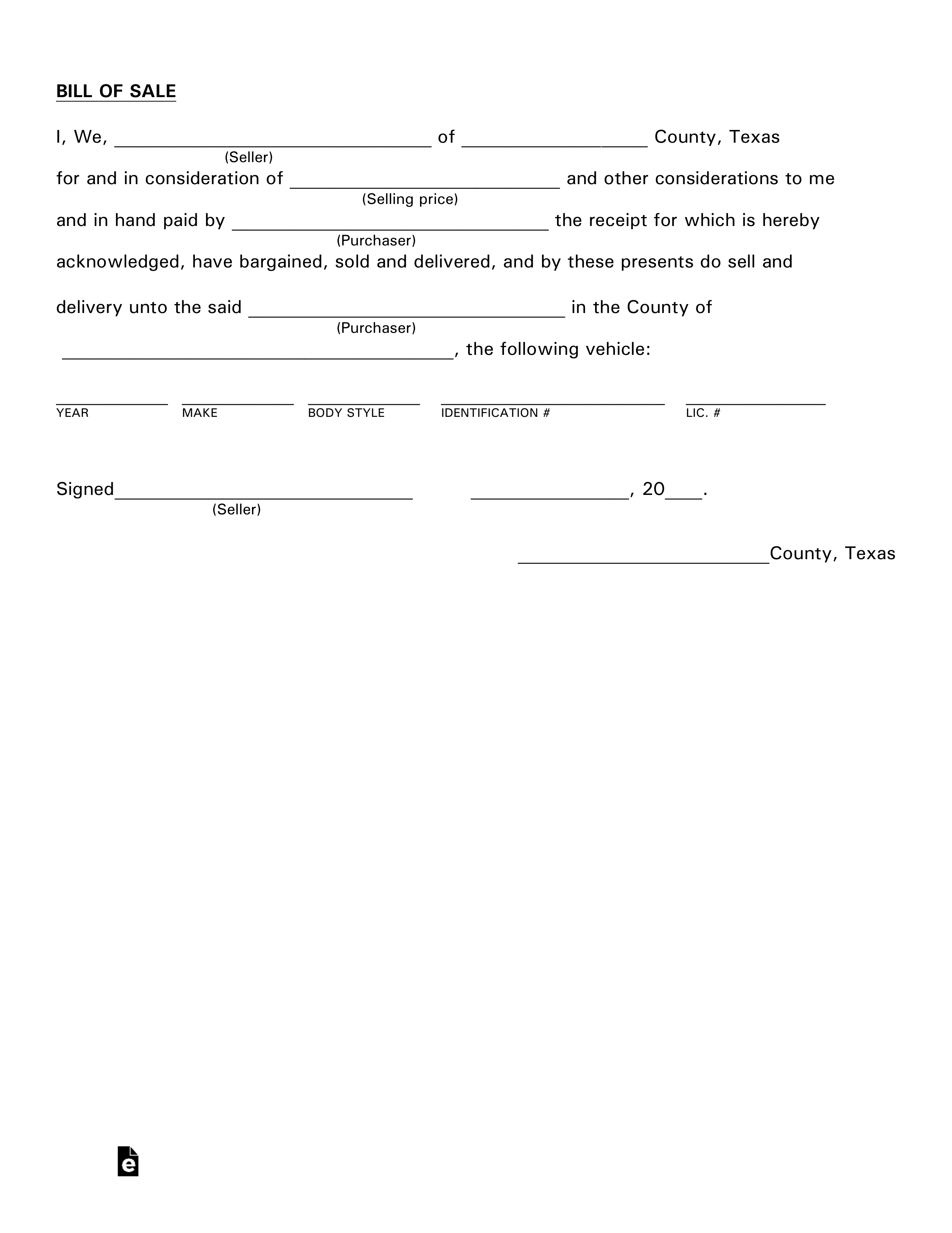 Free Texas Motor Vehicle Bill Of Sale Form – Pdf | Eforms For Vehicle Bill Of Sale Template Word