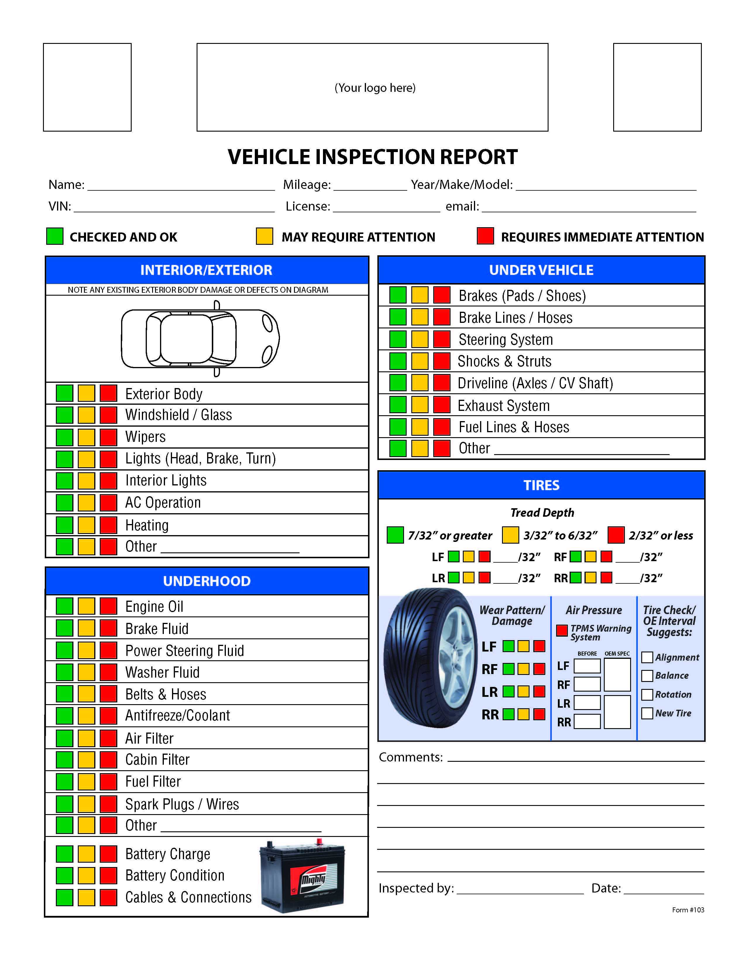 Free Vehicle Inspection Checklist Form | Good To Know With Regard To Vehicle Inspection Report Template