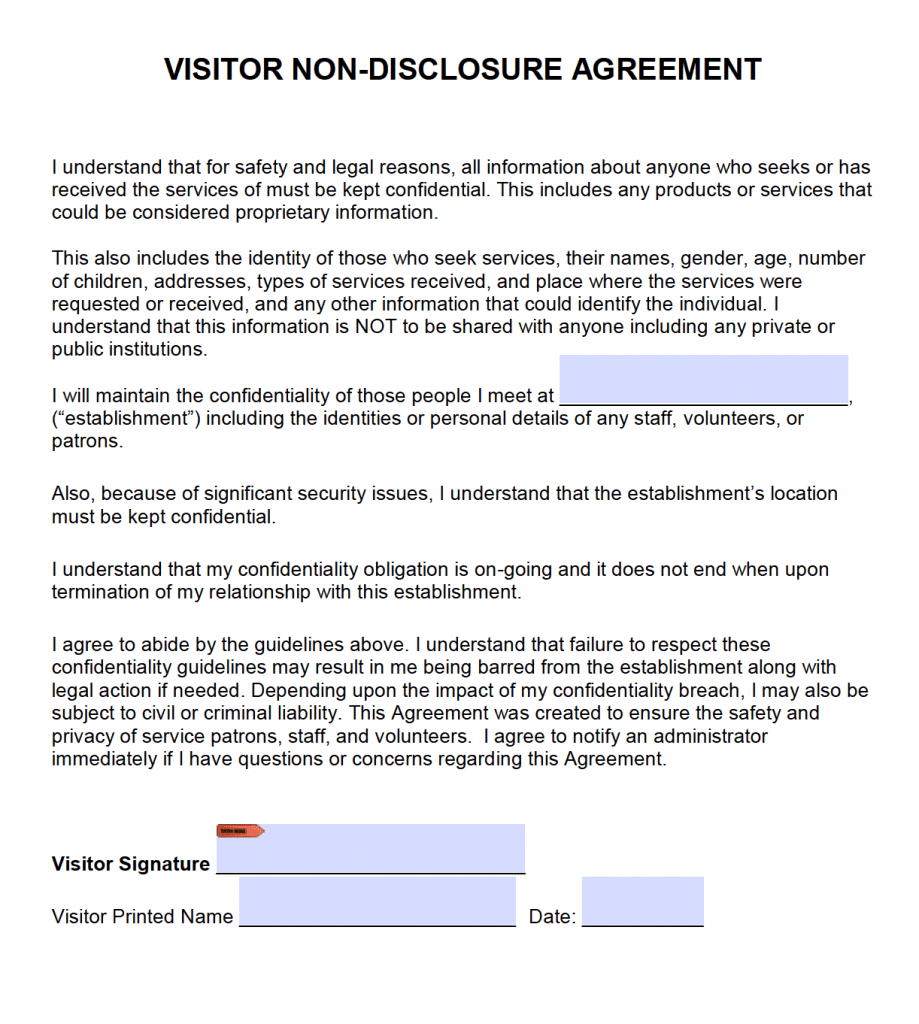 Free Visitor Non Disclosure Agreement Nda Pdf Word docx Within 