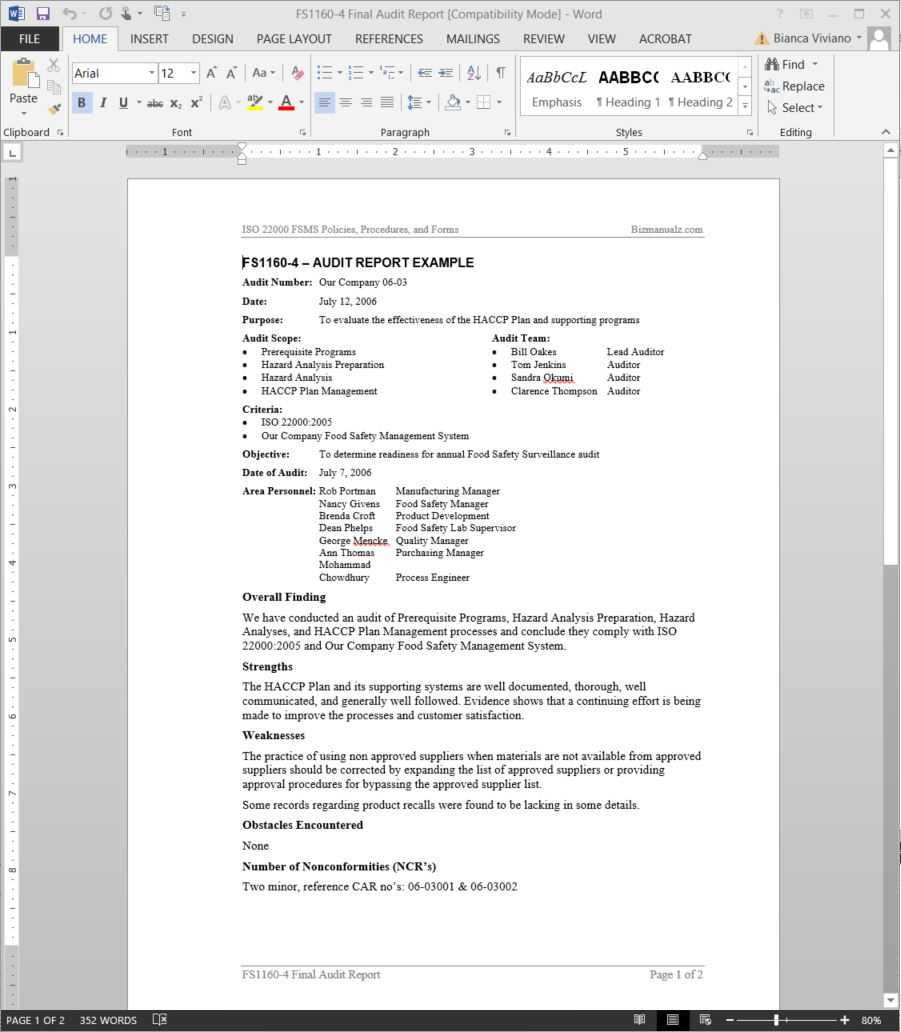 Fsms Audit Report Example Template | Fds1160 4 Pertaining To Safety Analysis Report Template