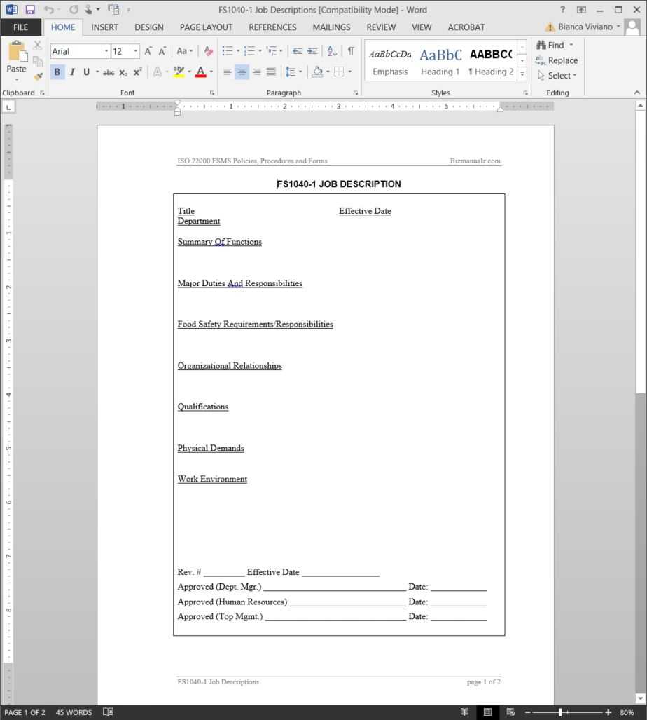 Fsms Job Description Template | Fds1040 1 Regarding Job Descriptions Template Word