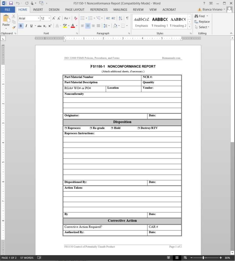 Fsms Nonconformance Report Template | Fds1150 1 With Non Conformance Report Template