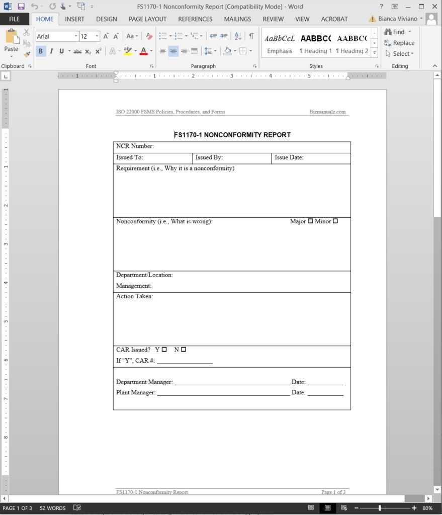 Fsms Nonconformity Report Template | Fds1170 1 In Non Conformance Report Template