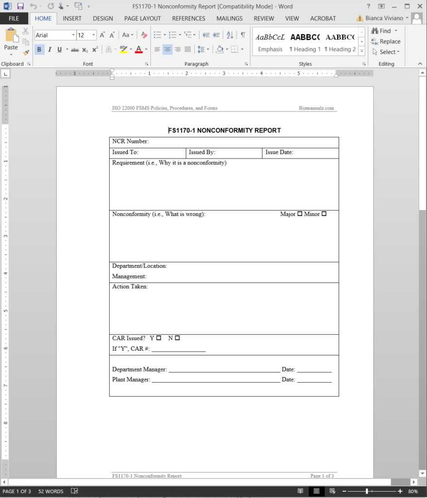 Fsms Nonconformity Report Template | Fds1170 1 With Non Conformance Report Form Template