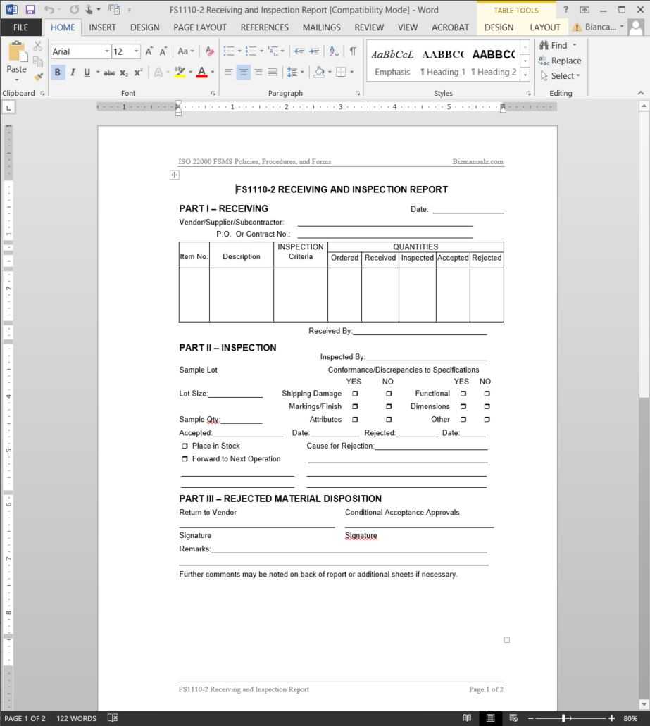 Fsms Receiving Inspection Report Template | Fds1110 2 In Part Inspection Report Template