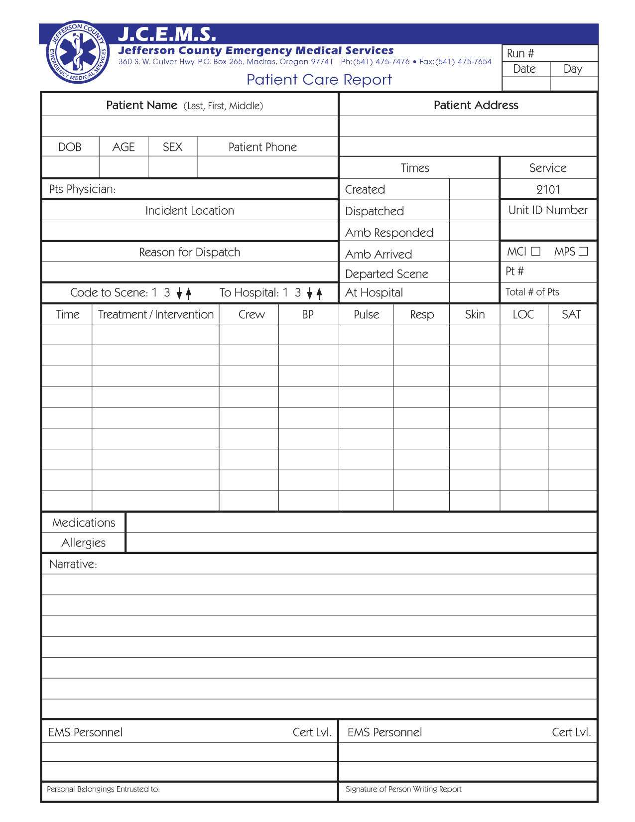 Full Page Pcr Formal Form – 100 Pak Regarding Patient Care Report Template