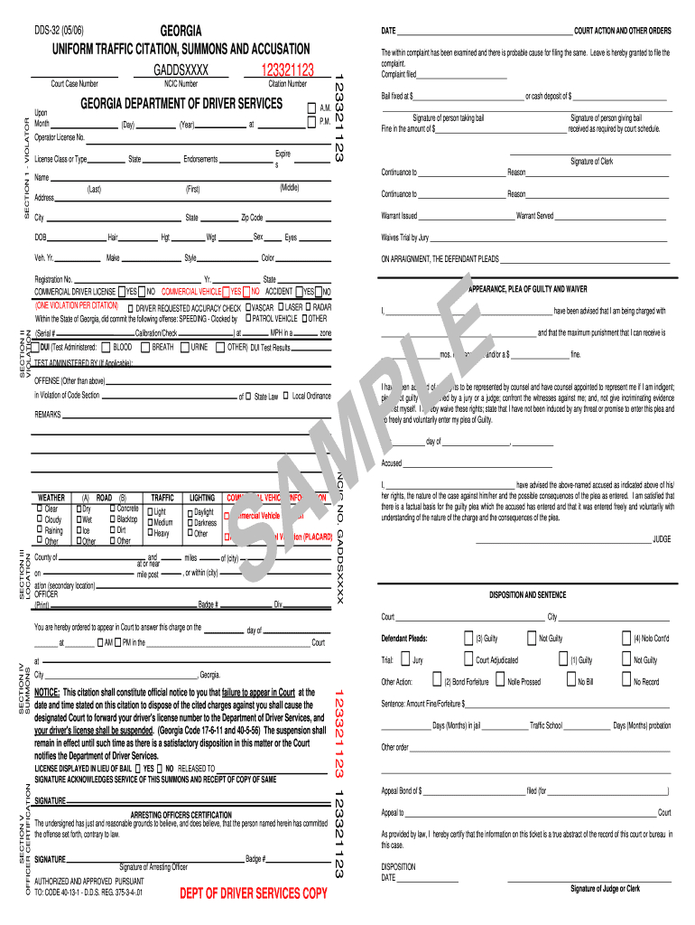 Georgia Uniform Traffic Citation – Fill Online, Printable For Blank Speeding Ticket Template