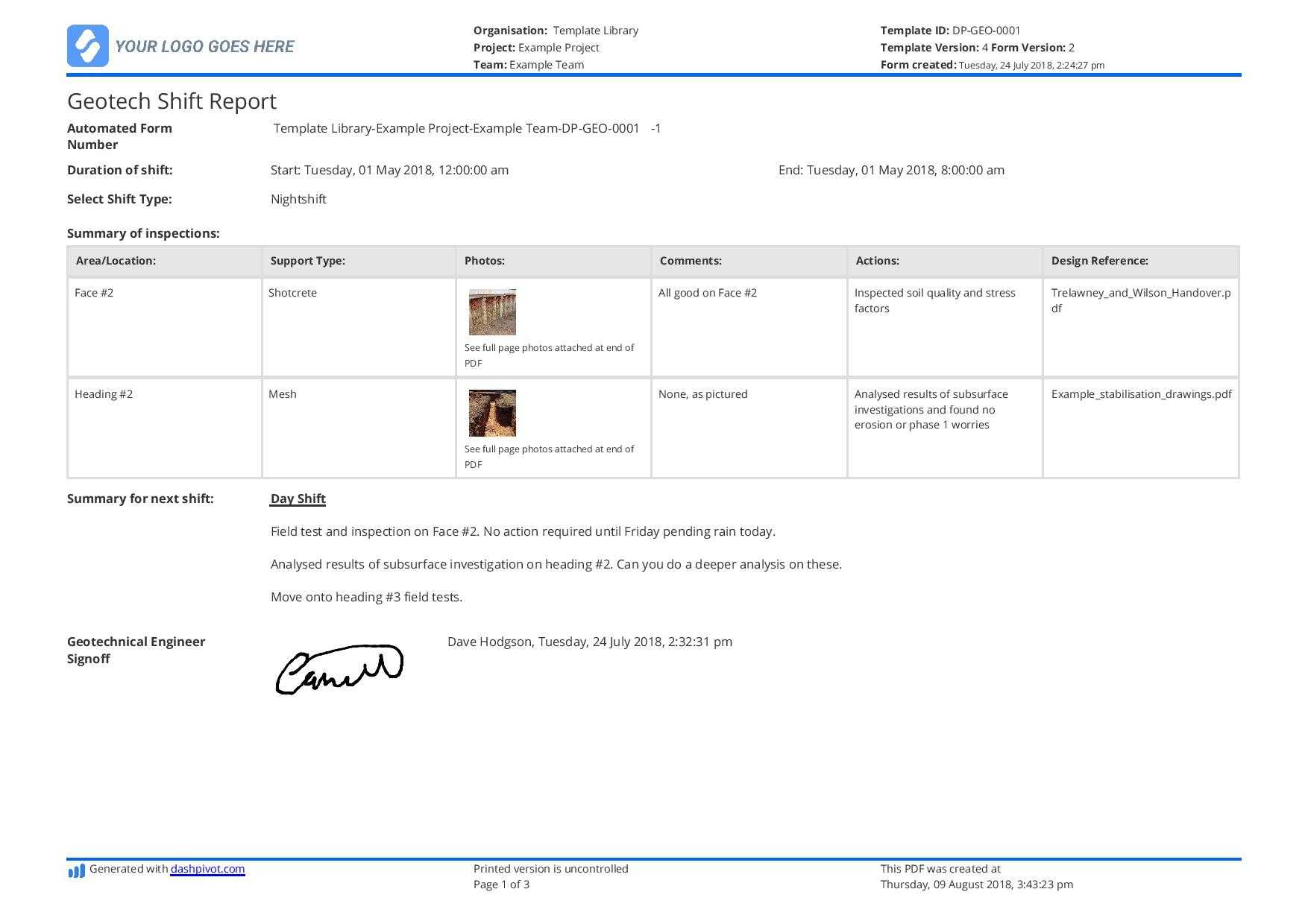 Geotech Shift Report Template: Use This Geotech Shift Report Inside Shift Report Template