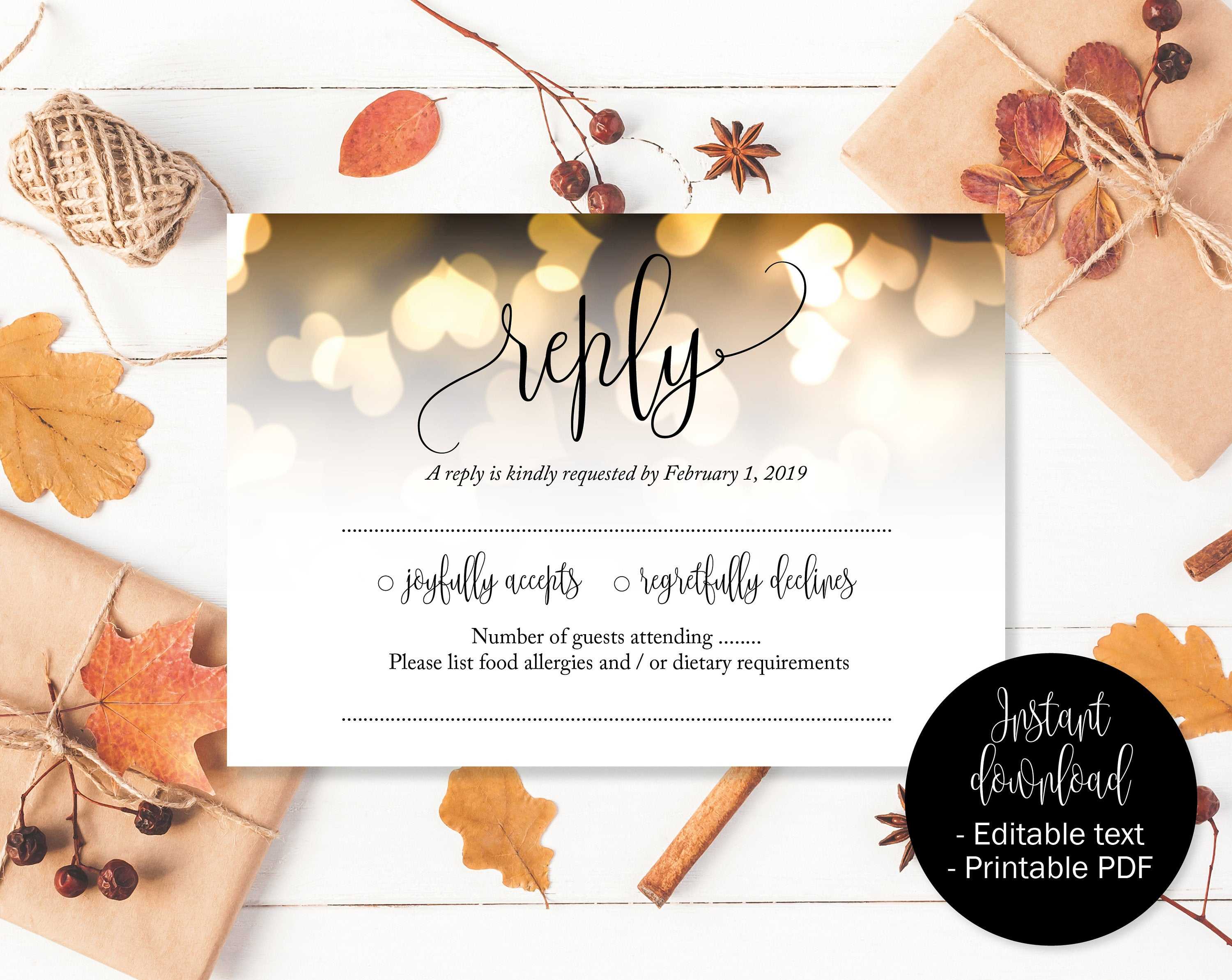 Gold Wedding Rsvp Cards, Gold Hearts Wedding, Reply Acceptance, Attendance  Cards, Rsvp Template, Wedding Printable, Download Rsvp Insert With Acceptance Card Template