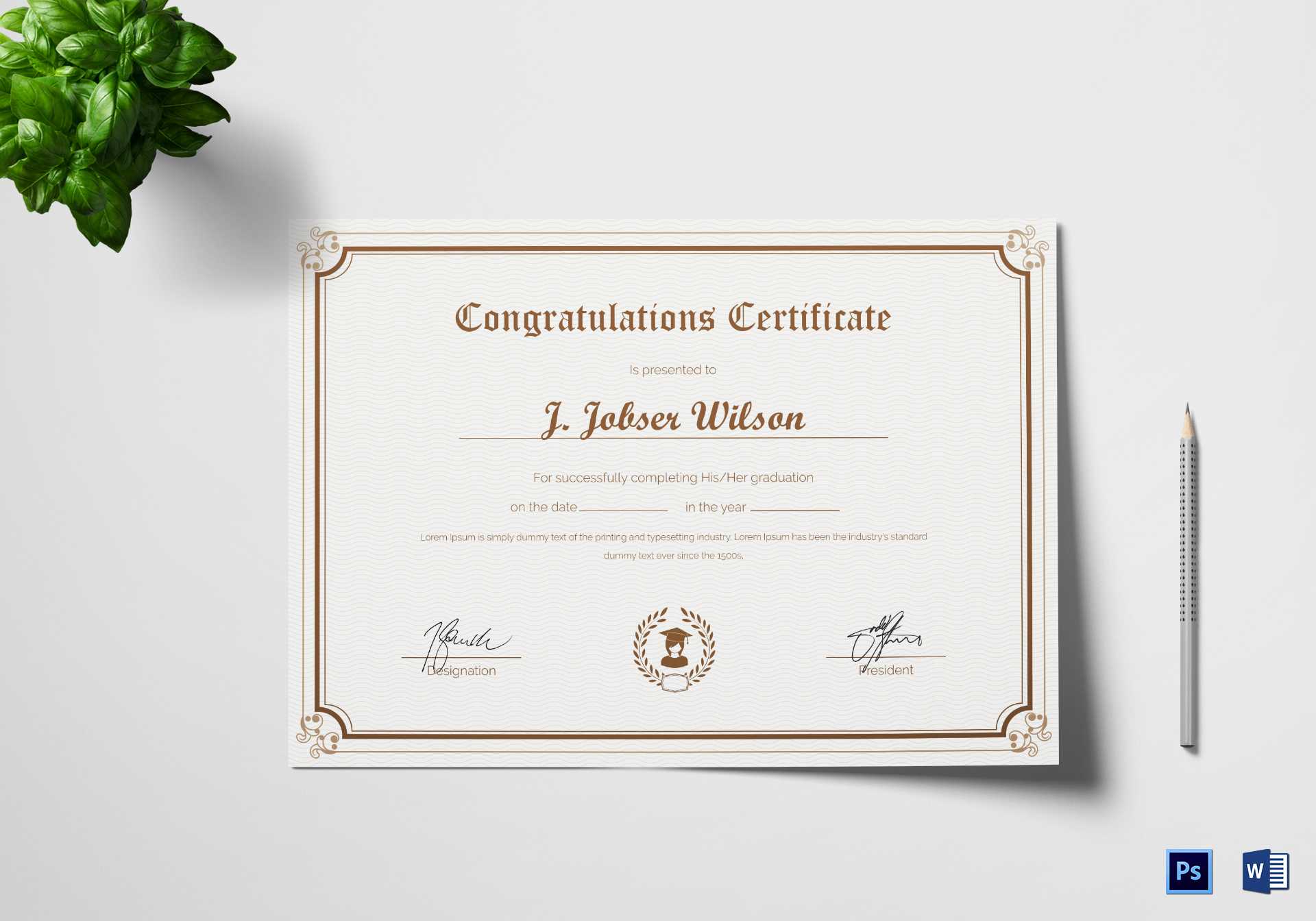 Graduation Completion Congratulations Certificate Template Regarding Commemorative Certificate Template