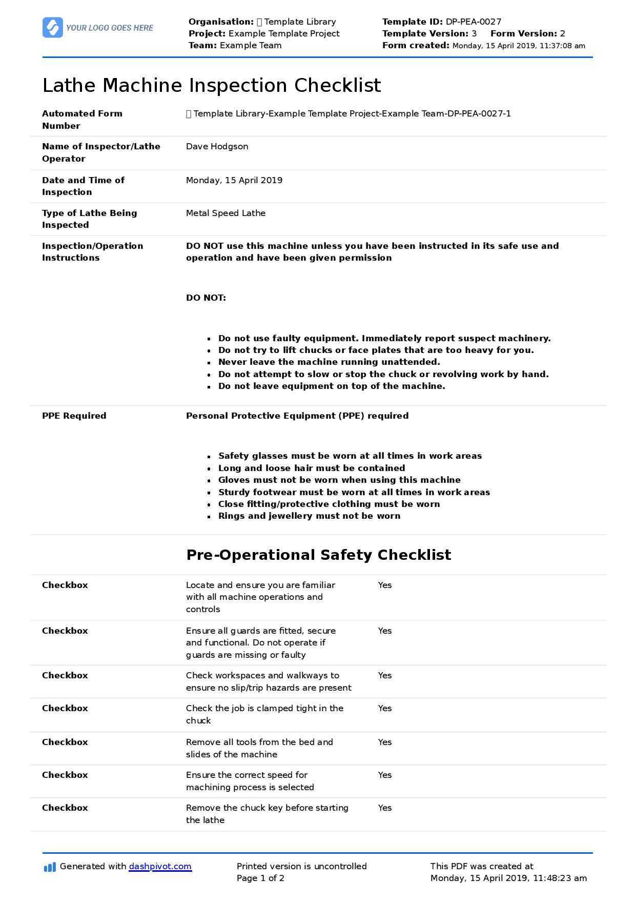 Great Machine Shop Inspection Report Template With For Machine Shop Inspection Report Template