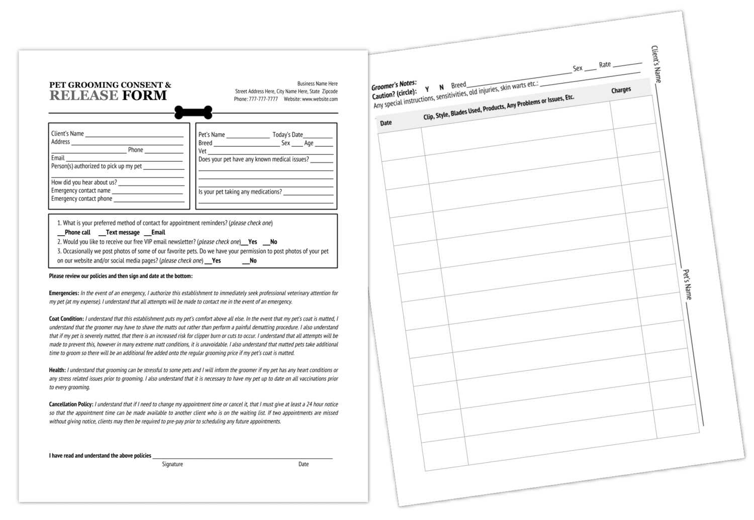 Grooming Release Form Template & Printable Pdf Regarding Dog Grooming Record Card Template
