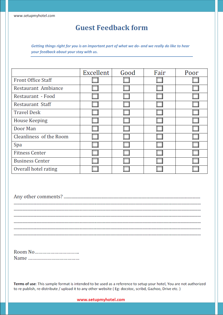 Guest Feedback Format Sample | Hotels |Resorts | Customer Inside Questionnaire Design Template Word
