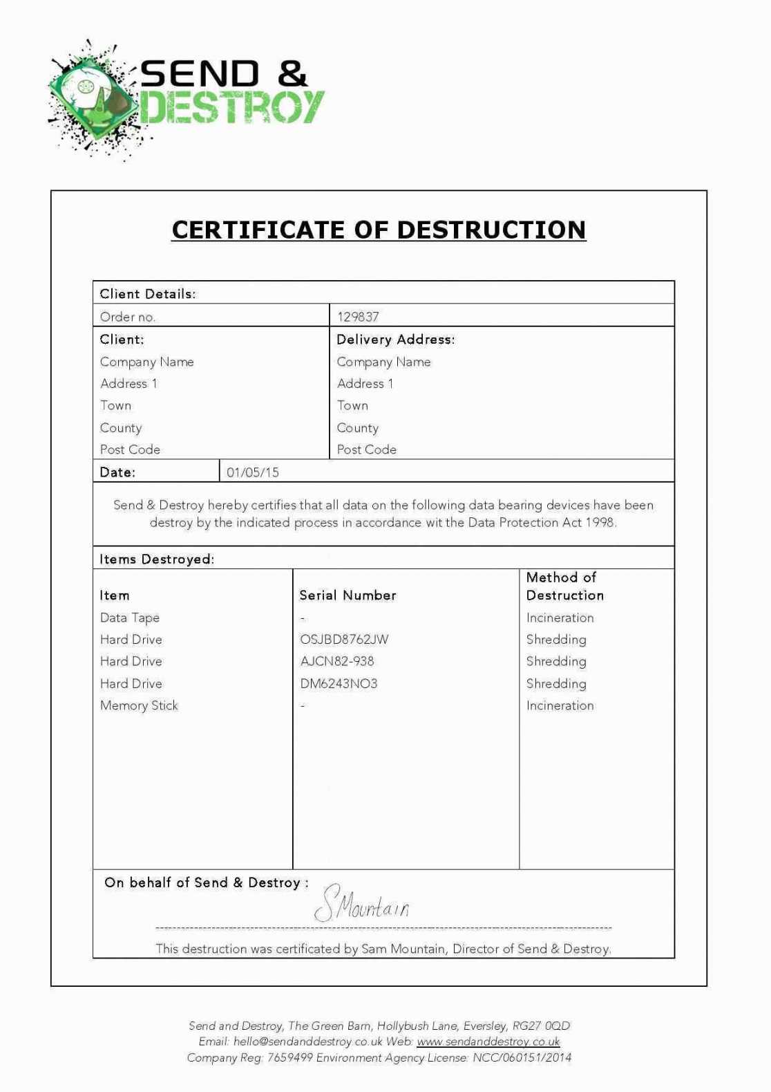 Hard Drive Destruction Certificate Template Pertaining To Throughout Certificate Of Destruction Template