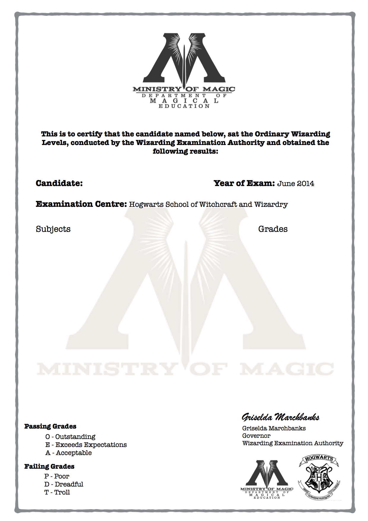 Harry Potter O.w.l's Certificate Blank Template! | Harry Within Harry Potter Certificate Template