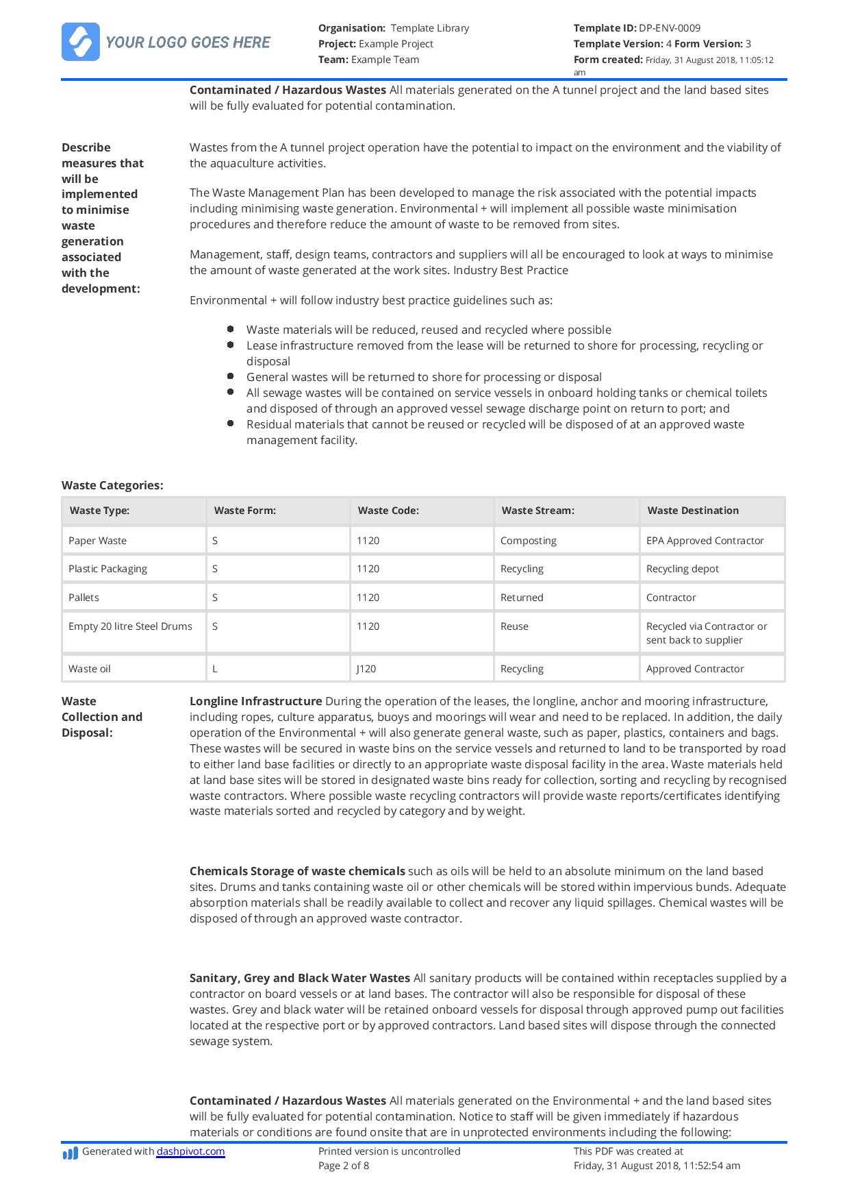 Hazardous Waste Management Plan Template – Free And Editable Intended For Waste Management Report Template
