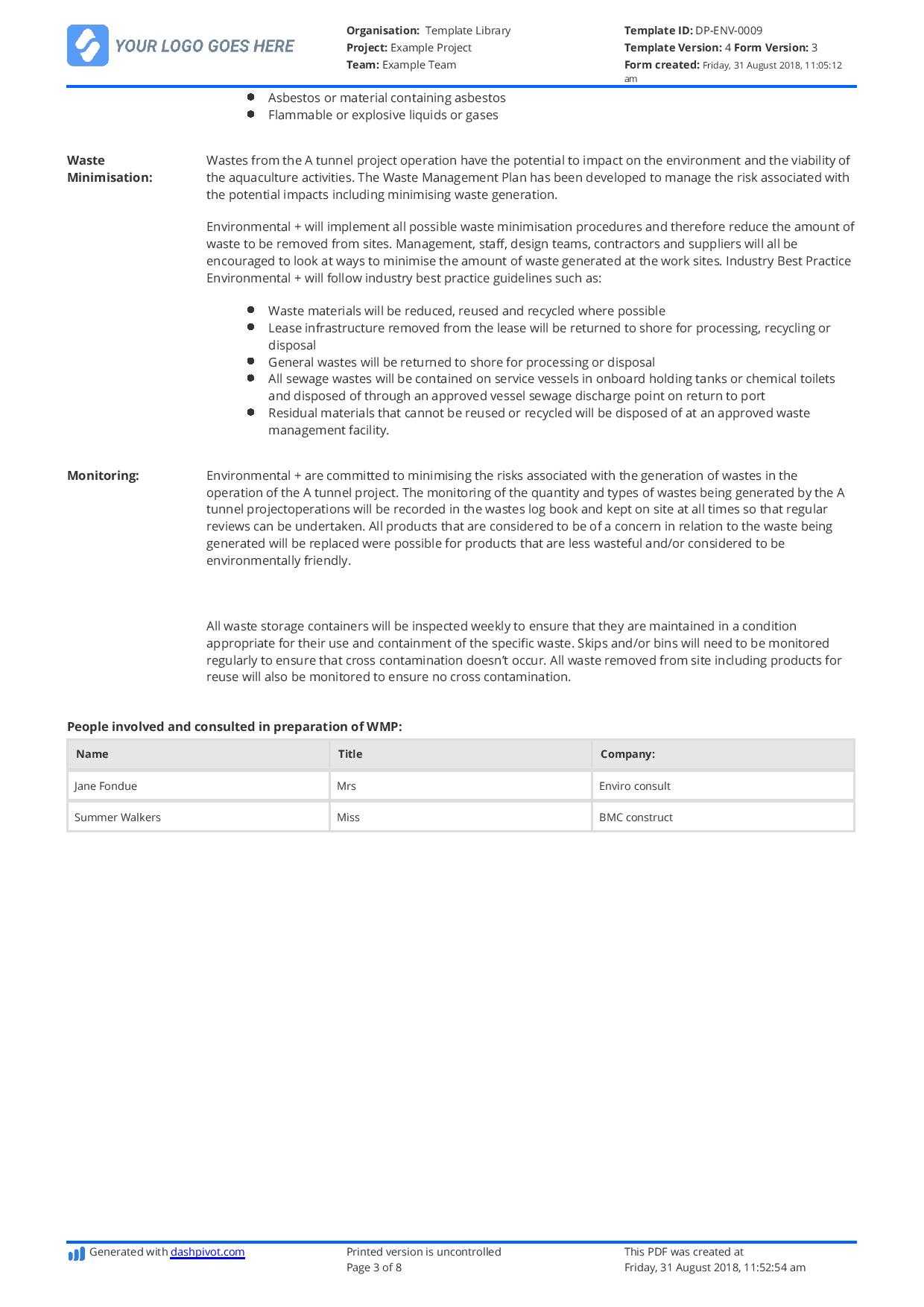 Hazardous Waste Management Plan Template – Free And Editable Intended For Waste Management Report Template