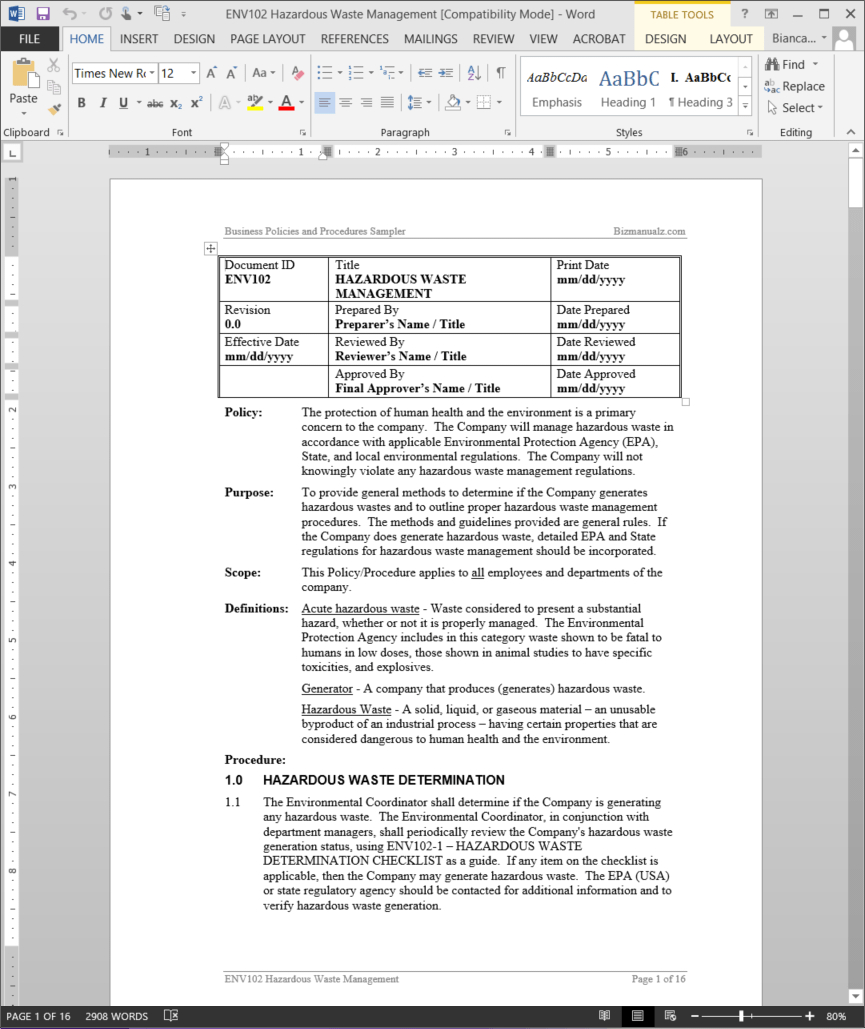 Hazardous Waste Management Procedure | Env102 In Waste Management Report Template