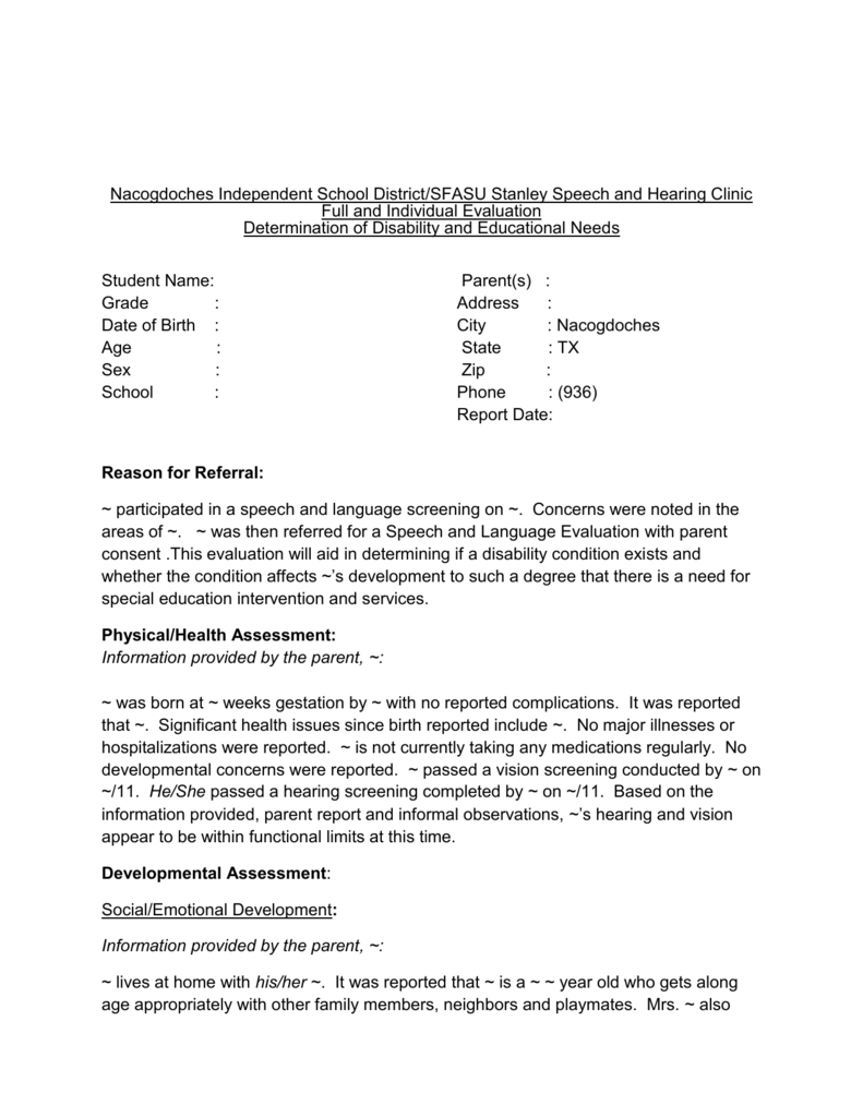 Head Start Evaluation Template With Regard To Speech And Language Report Template