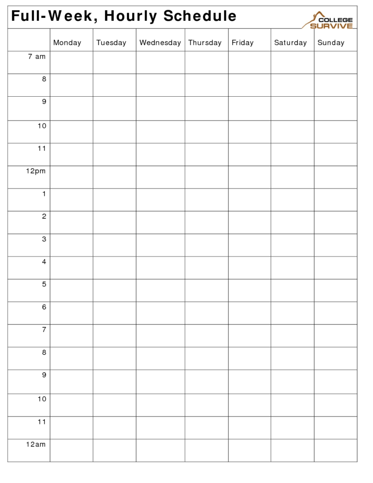 Hourly Work Schedule Self Study Weekly Planner Template In Blank 