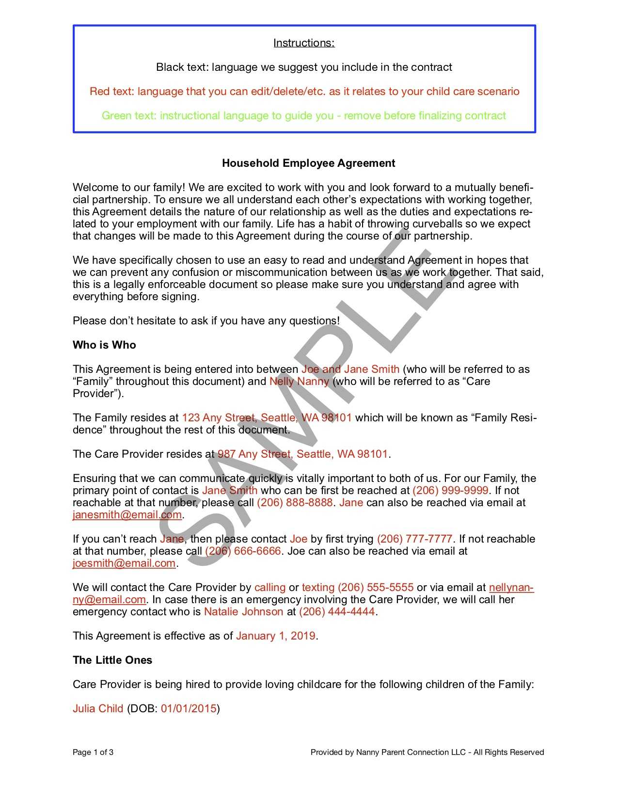 Household Employee Agreement | Nanny Parent Connection Within Nanny Contract Template Word