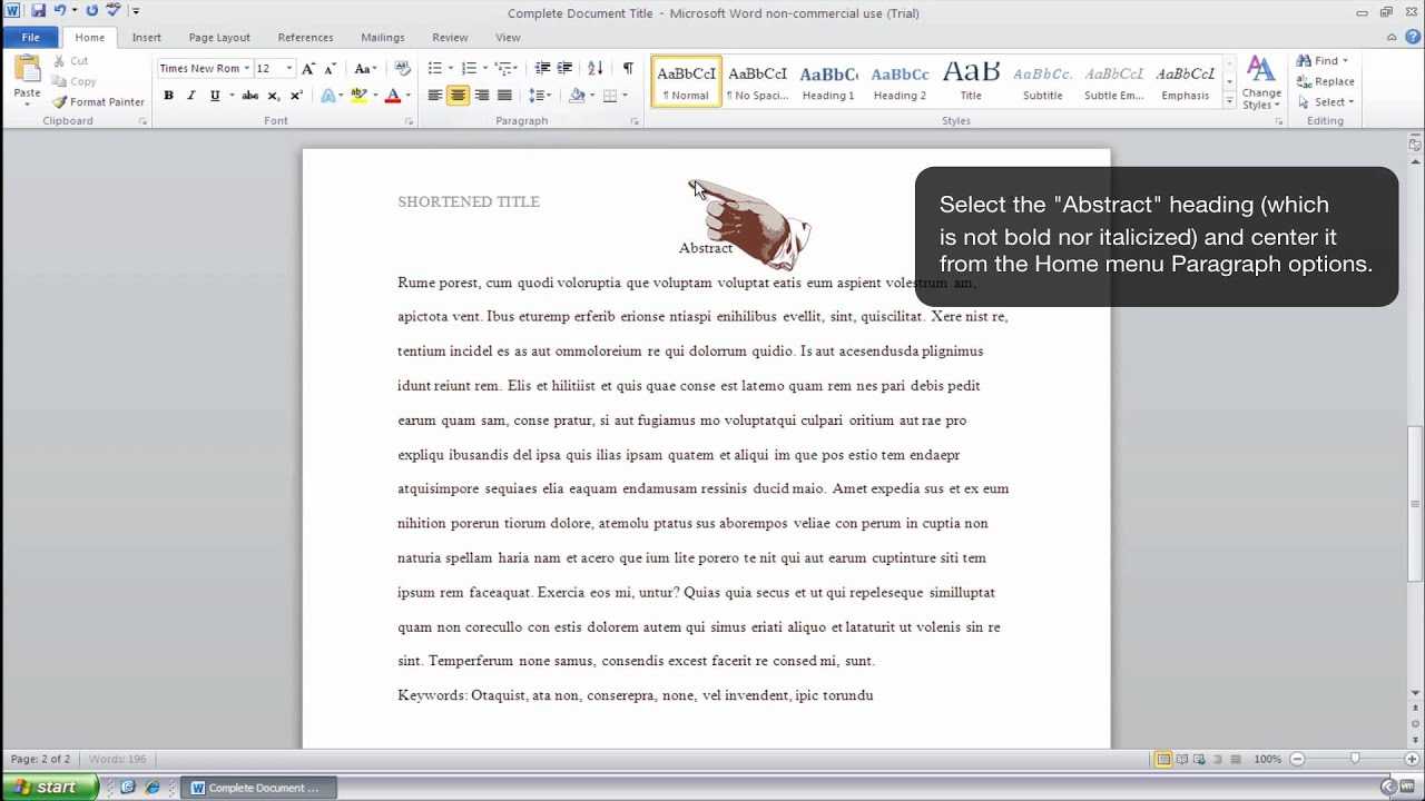 How To Format An Abstract Page In Apa Style – Ms Word 2010 (Windows) With Regard To Apa Template For Word 2010