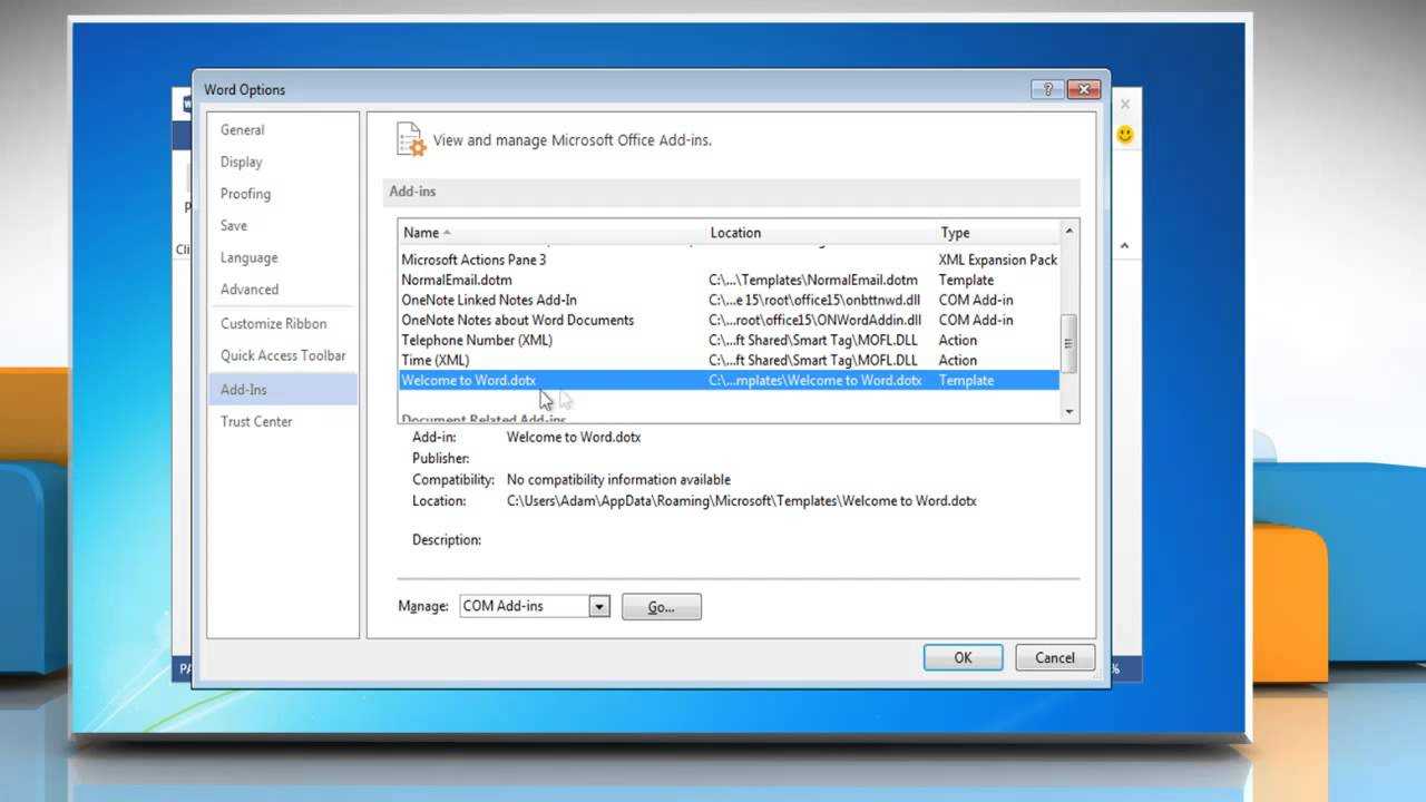 How To Turn Off Or Manage Installed Add Ins In Microsoft® Word 2013 Throughout Word 2010 Templates And Add Ins