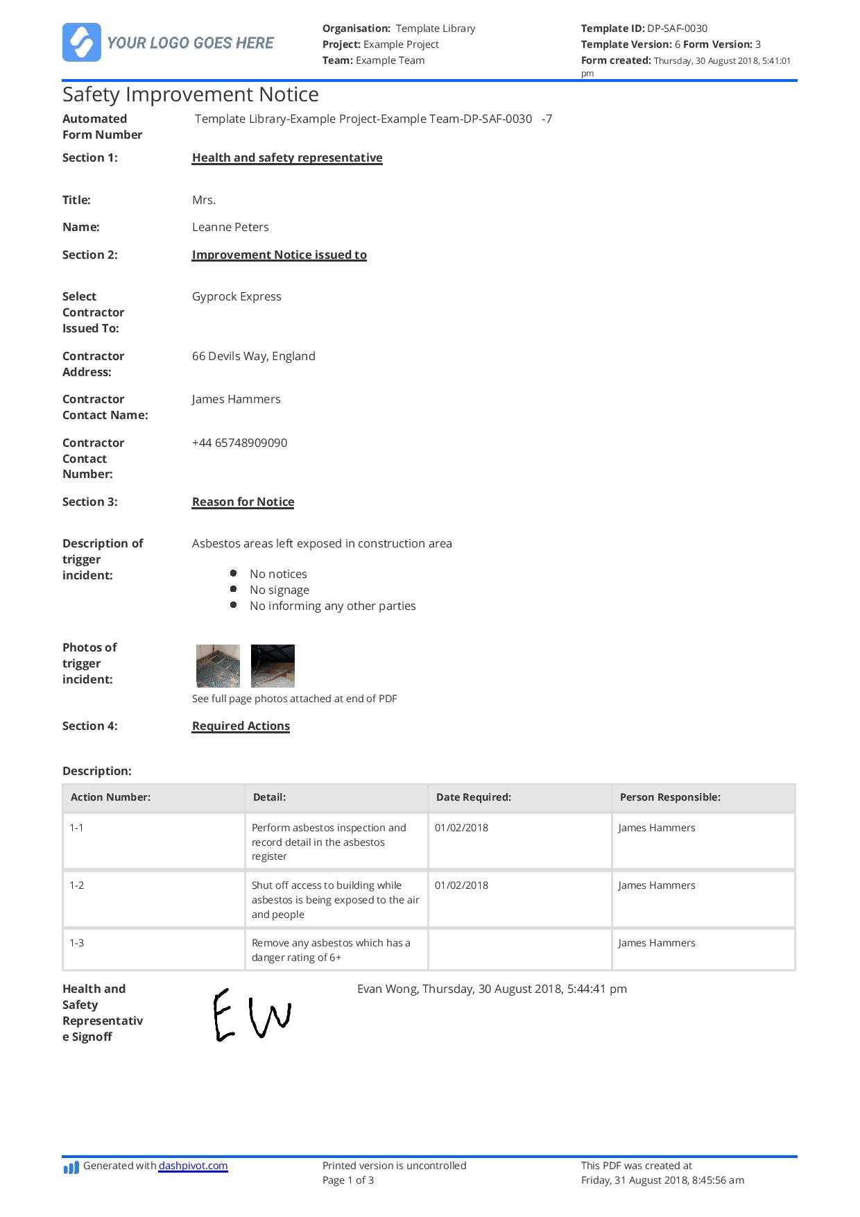 Hse Improvement Notice Example: Free To Use And Editable With Hse Report Template