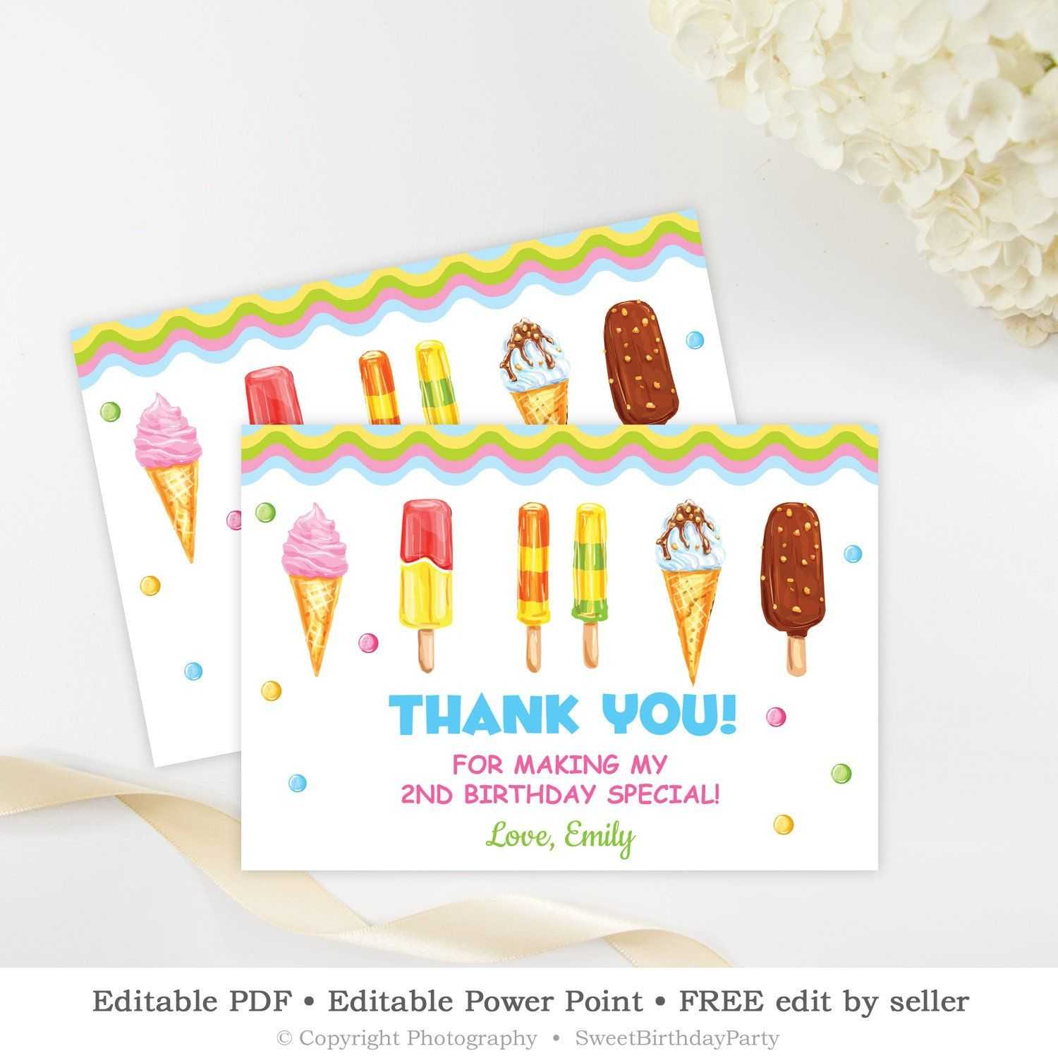 Ice Cream Thank You Card Printable, Editable Scoop Birthday Within Powerpoint Thank You Card Template