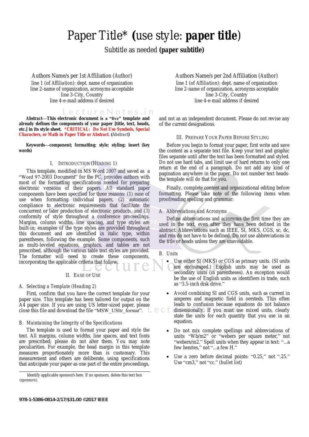 Ieee Paper Sample Format In Ieee Template Word 2007