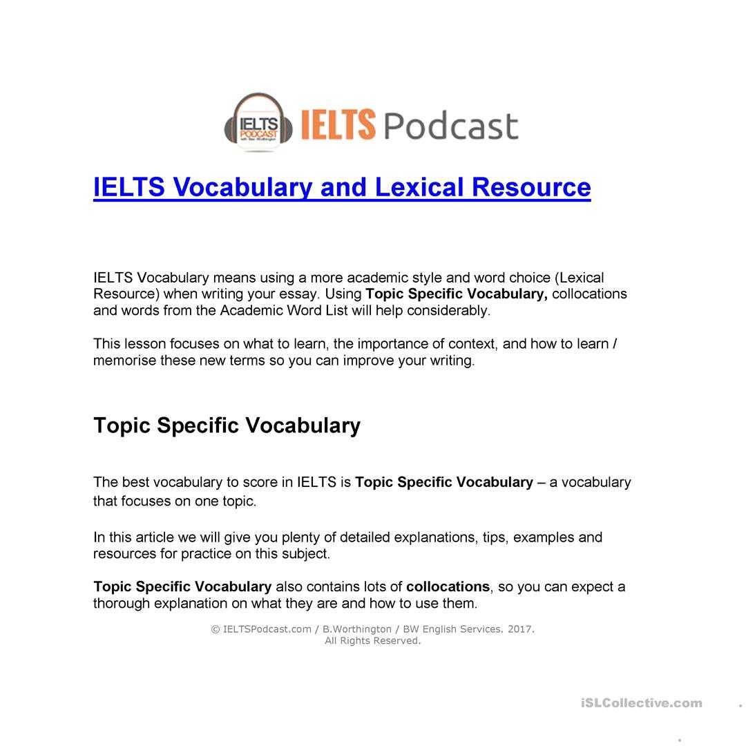Ielts Vocabulary And Lexical Resource – English Esl Worksheets For Vocabulary Words Worksheet Template