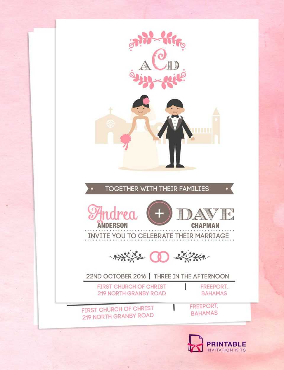 Illustrated Couple In Front Of Church Wedding Invitation Pertaining To Church Invite Cards Template