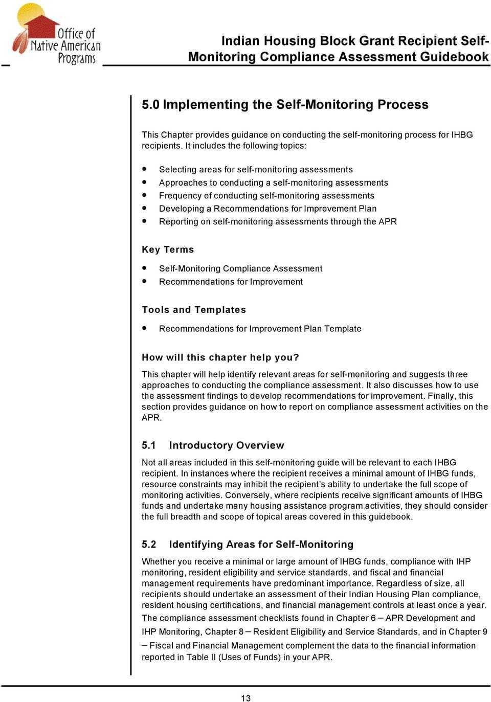 Indian Housing Block Grant Recipient Self  Monitoring For Compliance Monitoring Report Template