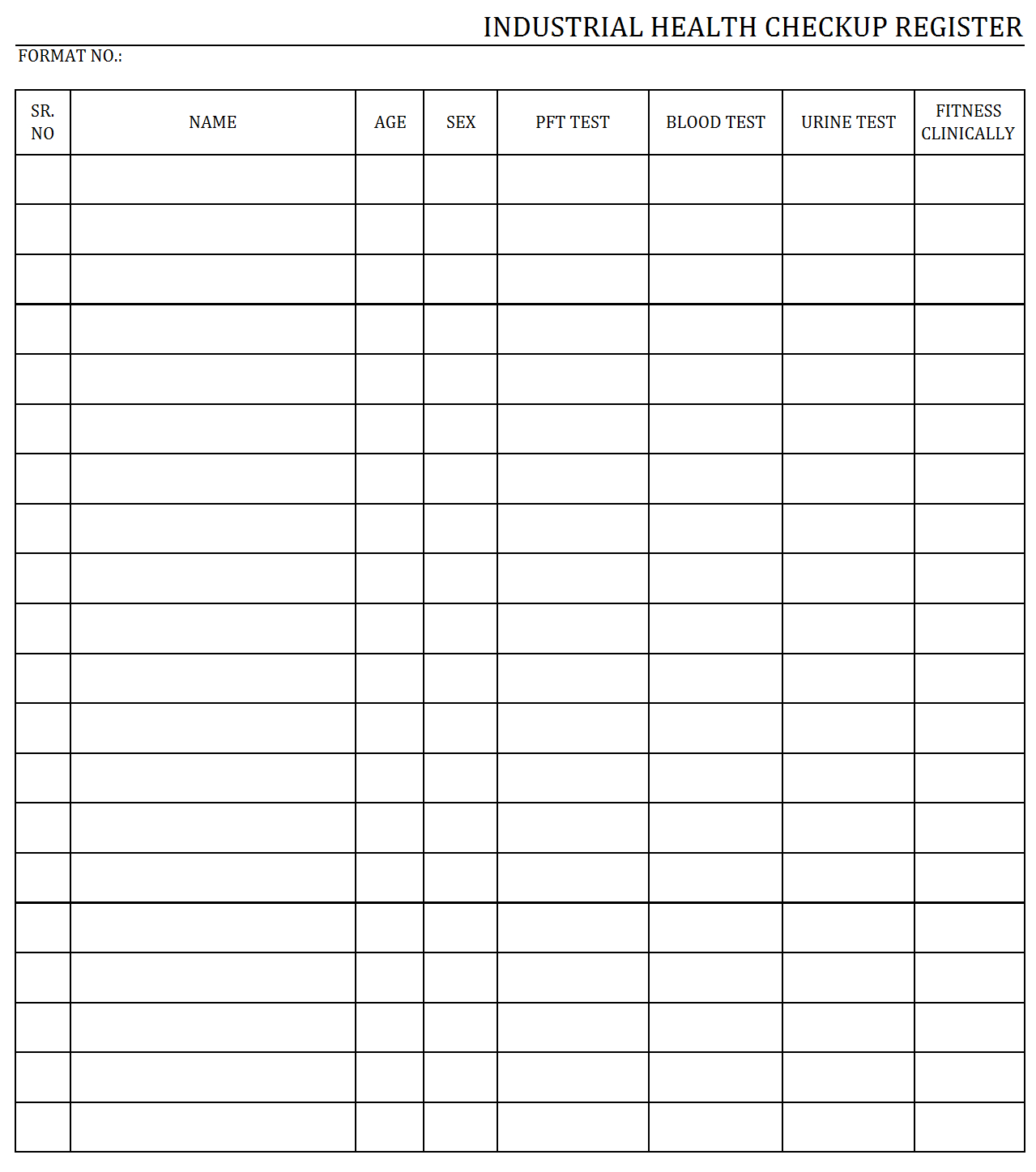 Industrial Health Checkup Register Format | Word | Pdf | Report Intended For Health Check Report Template