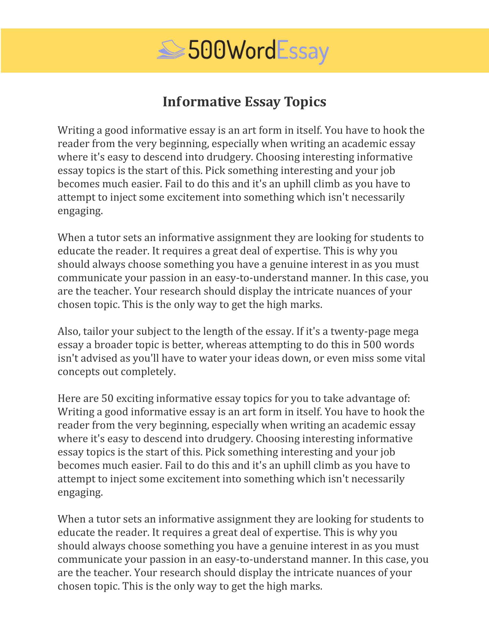 Informative Essay Examples, Samples, Outline To Write An A+ Inside 500 Word Essay Template
