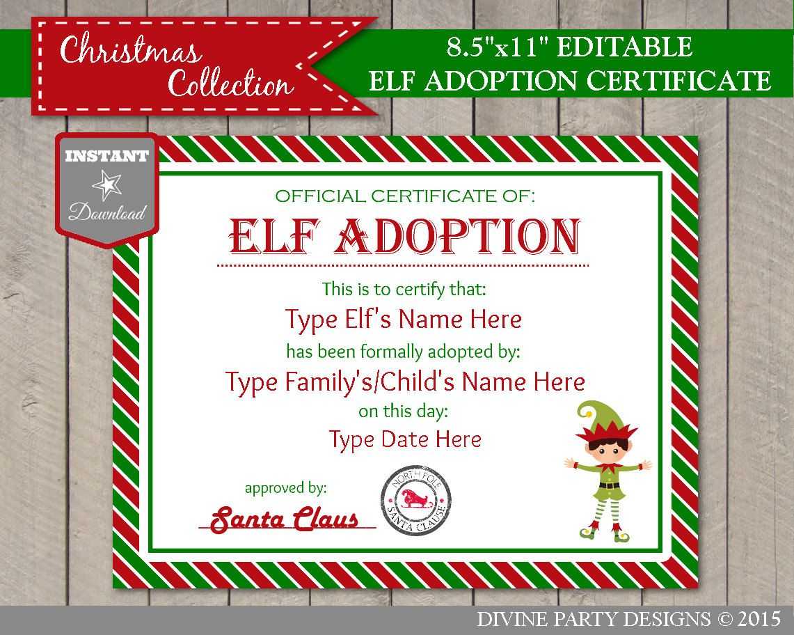 Instant Download Editable Boy Elf Adoption Certificate/ Add Inside Toy Adoption Certificate Template