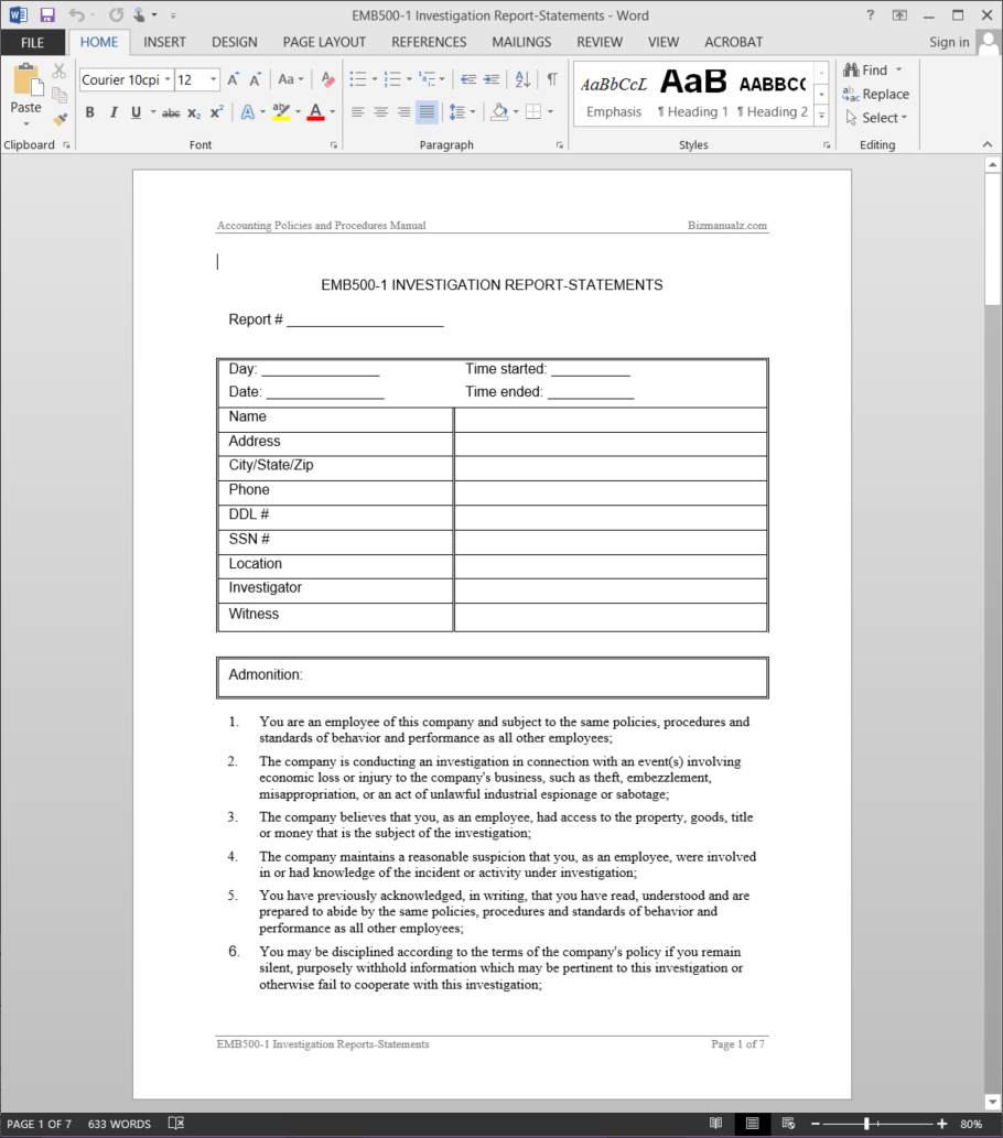 Investigation Report Template | Emb500 1 With Report Template Word 2013