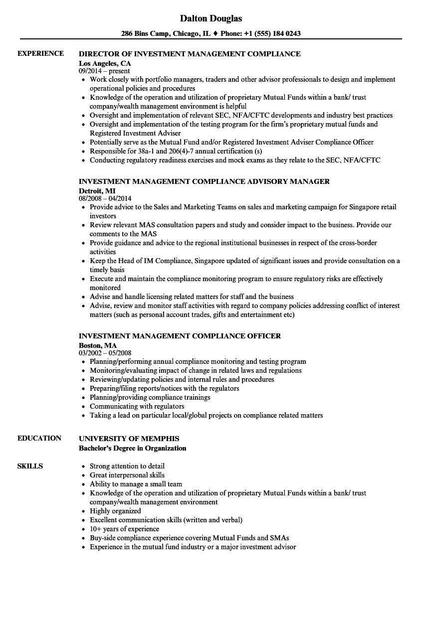 Investment Management Compliance Resume Samples | Velvet Jobs For Compliance Monitoring Report Template