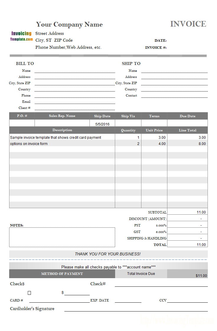 Invoice Template With Credit Card Payment Option Pertaining To Credit Card Receipt Template