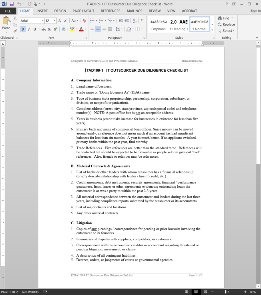 It Outsource Due Diligence Checklist Template | Itad109 1 For Vendor Due Diligence Report Template