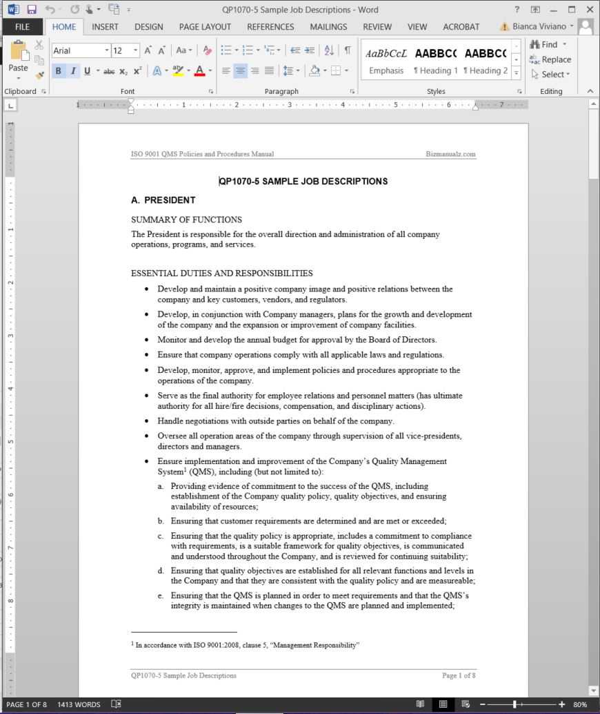 Job Descriptions Iso Template | Qp1070 5 Regarding Job Descriptions Template Word