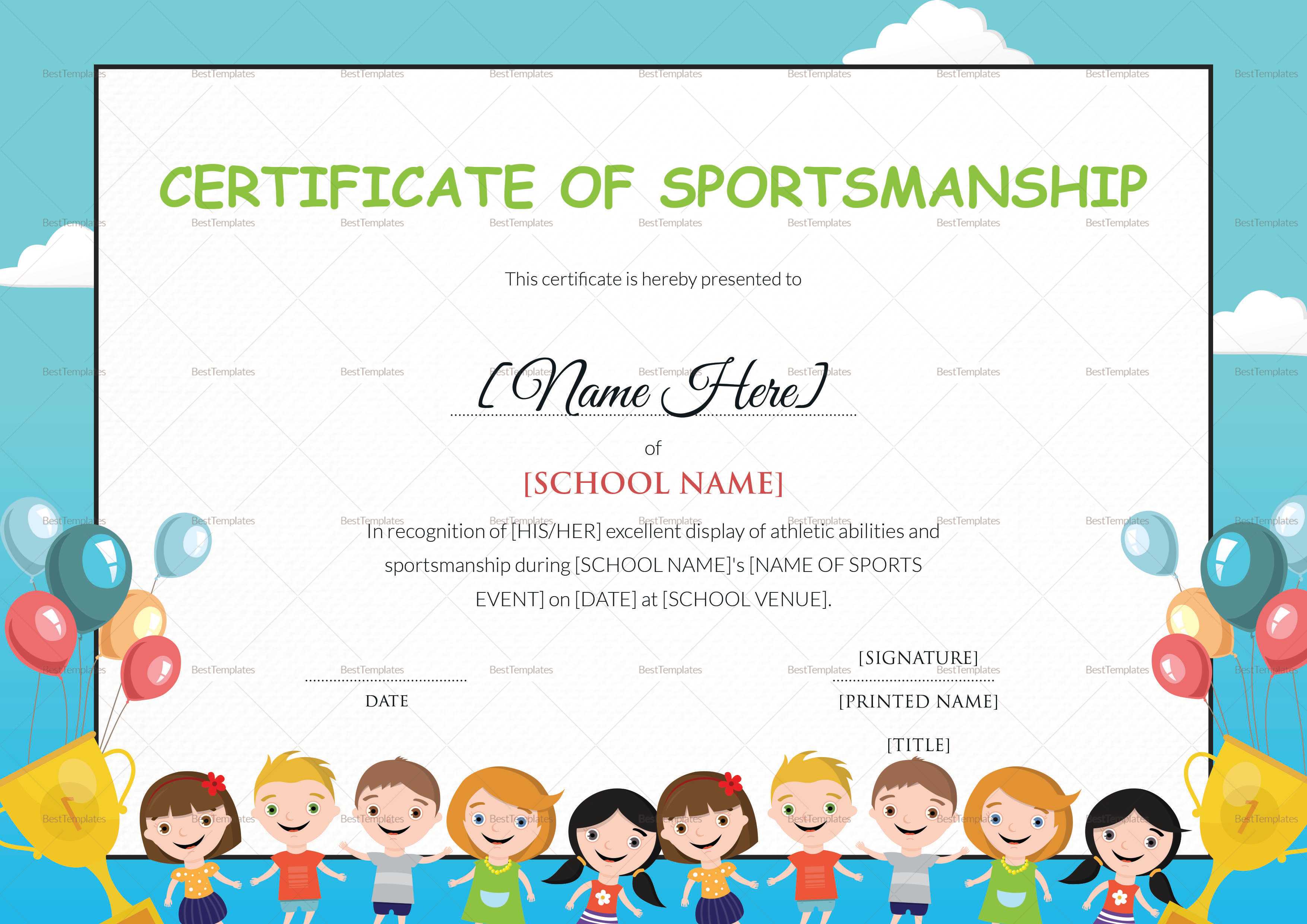 Kids Sportsmanship Certificate Template Within Children's Certificate Template