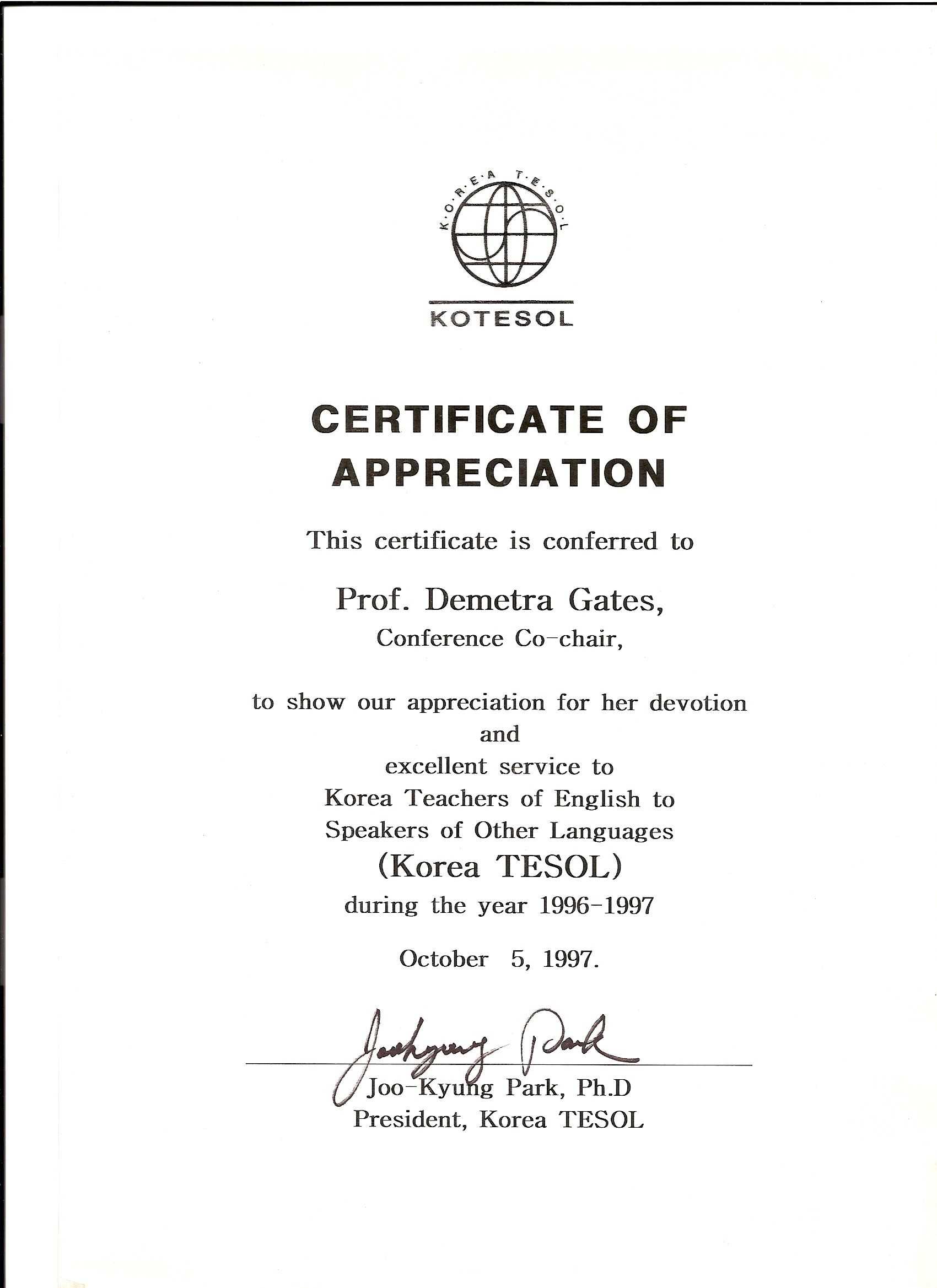 Kotesol Presidential Certificate Of Appreciation (1997 For In Certificate Of Achievement Army Template