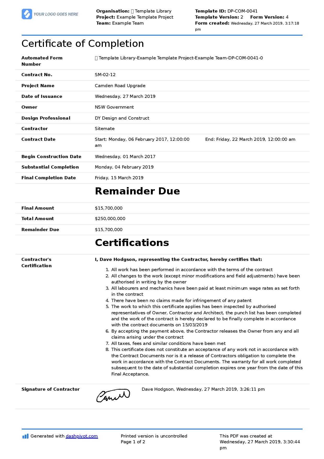 Letter Of Completion Of Work Sample (Use Or Copy For Yourself) Within Practical Completion Certificate Template Uk