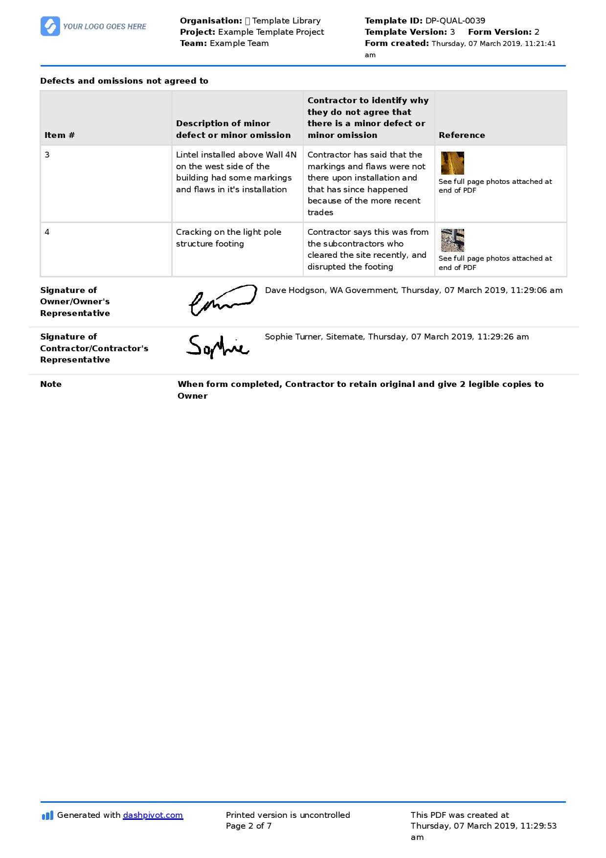 Letter To Contractor For Defective Work: Sample Letter And Inside Building Defect Report Template