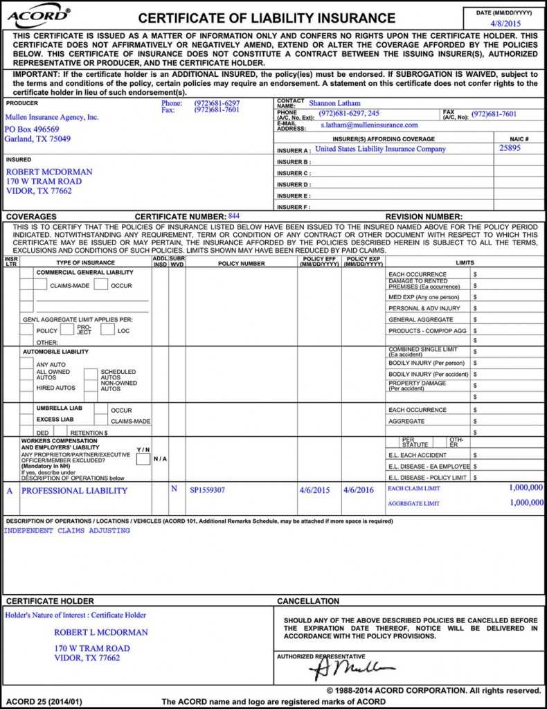 Liability Insurance: Liability Insurance Certificate Inside Certificate Of Liability Insurance Template