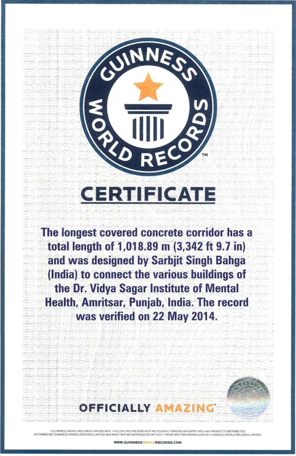 Longest Concrete Covered Corridor In Amritsar Leads To With Guinness World Record Certificate Template