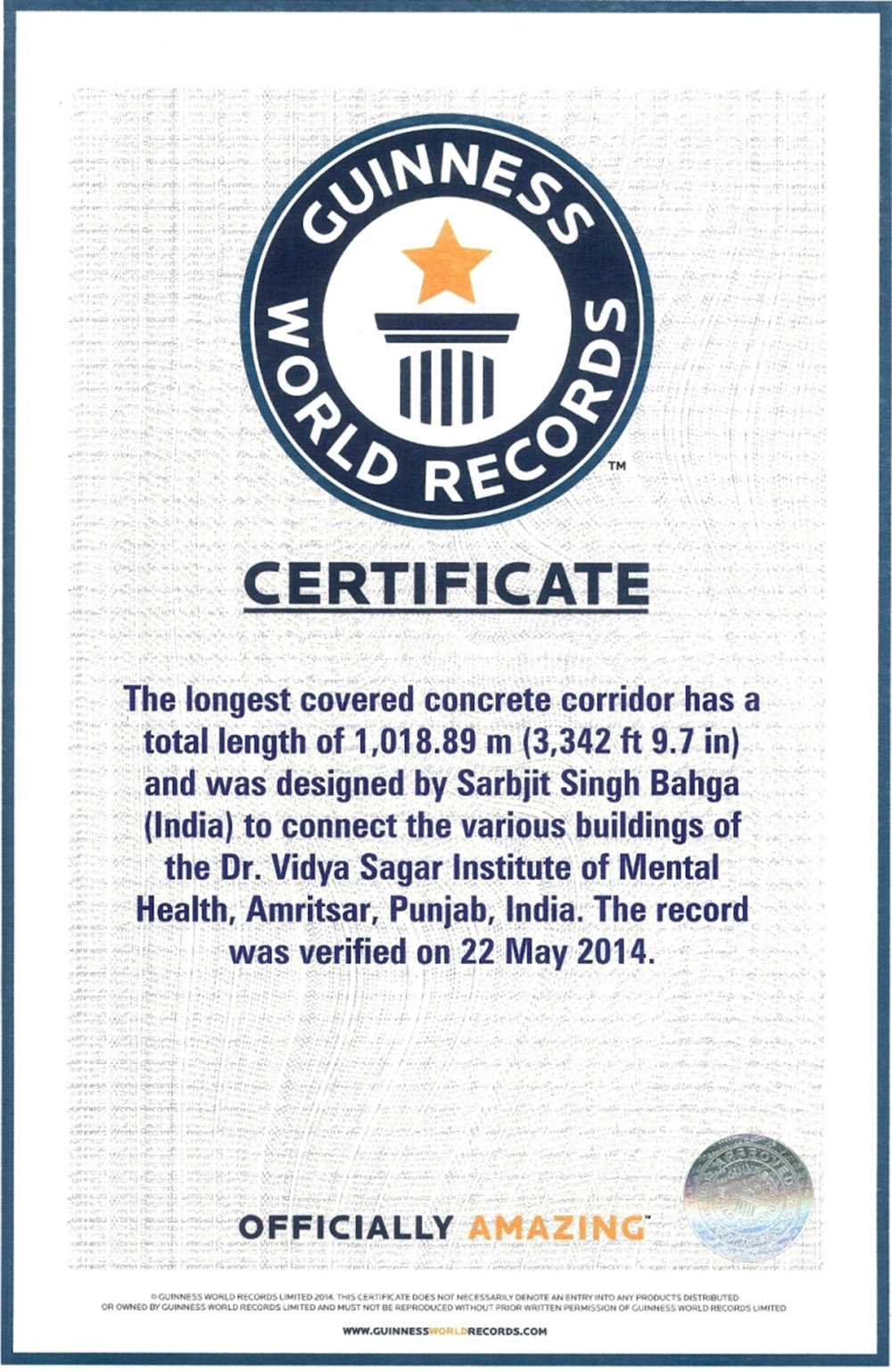 Longest Concrete Covered Corridor In Amritsar Leads To With Guinness World Record Certificate Template