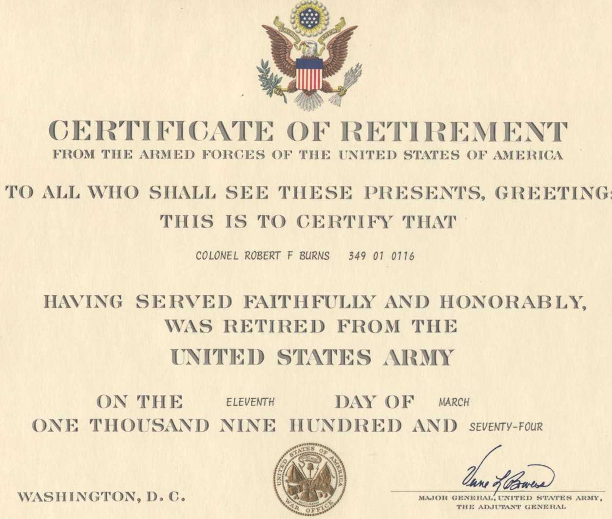 Major Robert F. Burns – Army Retirement Certificate For Pertaining To Retirement Certificate Template