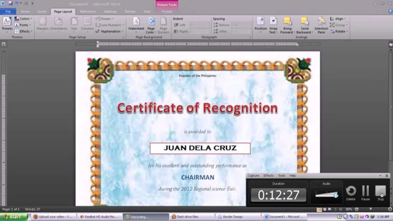 Making Certificate Using Microsoft Word 2010 For Award Certificate Templates Word 2007